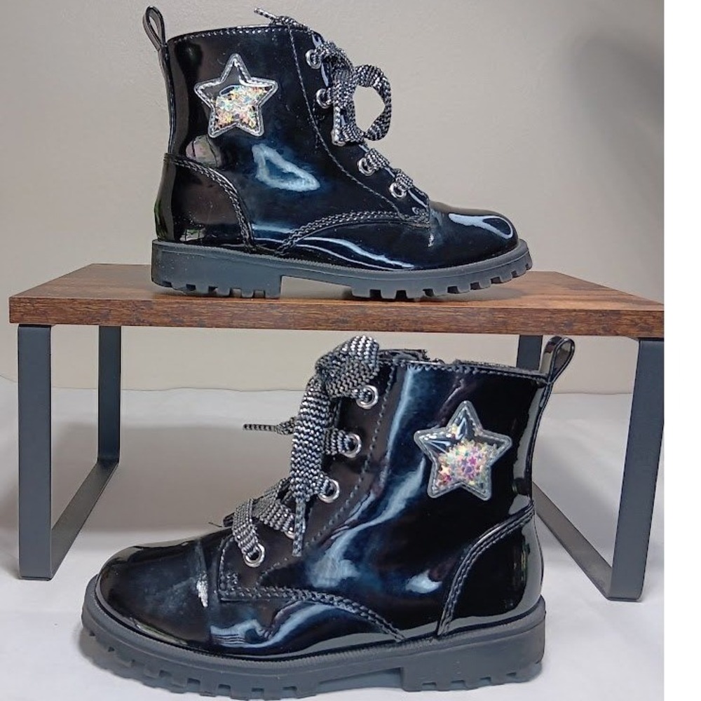 Joie Patent Combat Boots Kids 10 Black Good Glitter Star Lug Sole Side Zip